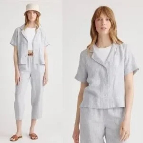 Quince 100% European Linen Short Sleeve Shirt in Blue Pinstripe Coastal M - Picture 1 of 10